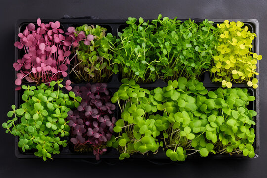 Several healthy microgreens plants growing inside home garden in plastic containers