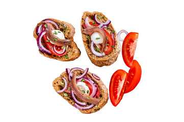 Spanish tapas on bread with olive oil, herbs, tomatoes and spicy anchovy fillets. Transparent...