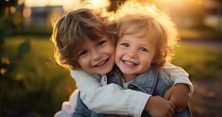 Fototapeta na wymiar two kids or brothers hugging happy