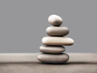 Fototapeta na wymiar Grey pebbles stacked as a meditation tower or as directional markers on a grey table against a grey wall