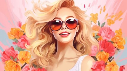 Fashionable blonde girl in sunglasses on a background of flowers, AI