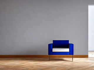 Blue puritanical armchair with hard straight edges and corners on a parquet floor against a grey wall, minimalist apartment interior