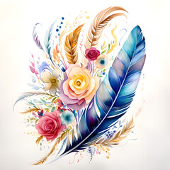 Watercolor Feathers with Flowers