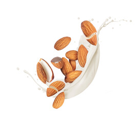 Whole and crushed almonds in splashes of milk isolated on a white background