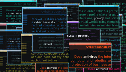 Cyber security firewall antivirus system protect privacy pop up windows on computer screen. Abstract concept of news titles across social media illustration. - obrazy, fototapety, plakaty