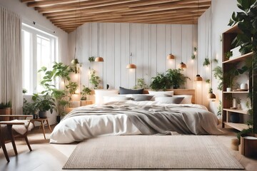 Cosy bedroom with eco decor. Wood and nature concept in interior of room. Scandinavian interior, real photo. Hygge decoration concept