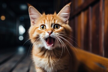 Funny portrait of a surprised meowing cat