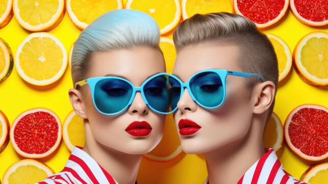 abstract composition of fruits and couple in sunglasses on a bright yellow background - Powered by Adobe