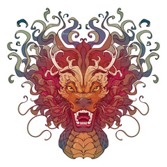 Chinese Dragon. Zodiac symbol of the New Year 2024. Hand-drawn line drawing coloured and isolated on a white background.