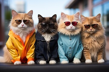 Domestic cats are dressed in colorful jackets