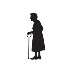 Old Lady Silhouette - Thoughtful Grandmother in a Classic Pose, Silhouetted to Evoke Respect and Reverence - Old Lady Black Vector Old Woman Silhouette
