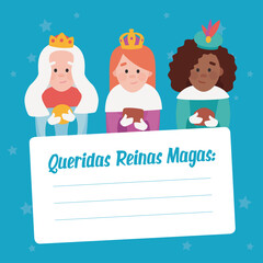 Funny vectorized letter. Dear wise women, written in Spanish.Queens of orient vectors. Christmas postal