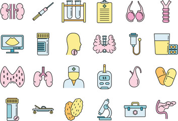 Endocrinologist doctor icons set. Outline set of endocrinologist doctor vector icons thin line color flat on white