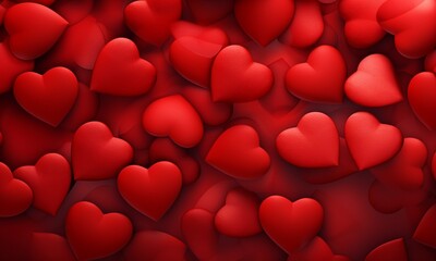 Red hearts on a red background. Valentine's Day. 3d rendering