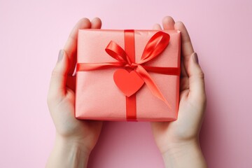 A person holding a pink gift box with a heart on it