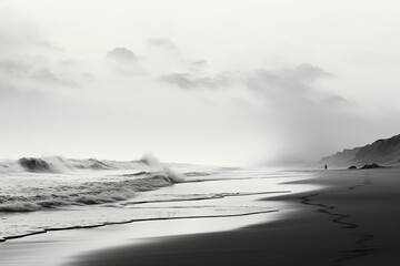 a black and white photo of a cape cod beach, in the style of minimalist abstracts, dutch landscapes, hazy, ethereal minimalism, large canvas sizes, samyang af 14mm