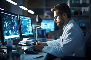 Biomedical engineer working in a laboratory at a computer.
