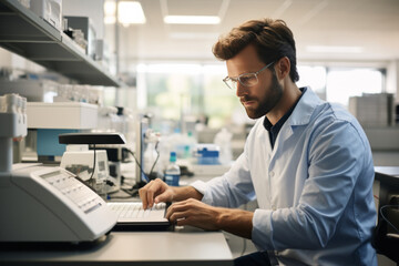 Biomedical engineer working in a laboratory at a computer.