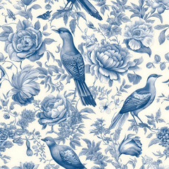 Toile de jouy pattern with flower branches with birds and leaves, trees, seamless vinrage retro print in blue color Generative AI