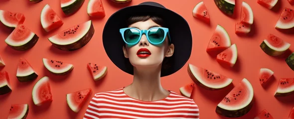 Foto op Plexiglas A woman wearing sunglasses and a hat with watermelon slices around her © pham