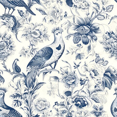 Toile de jouy pattern with flower branches with birds and leaves, trees, seamless vinrage retro print in blue color Generative AI