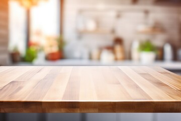 A wooden table with a blurry kitchen in the background