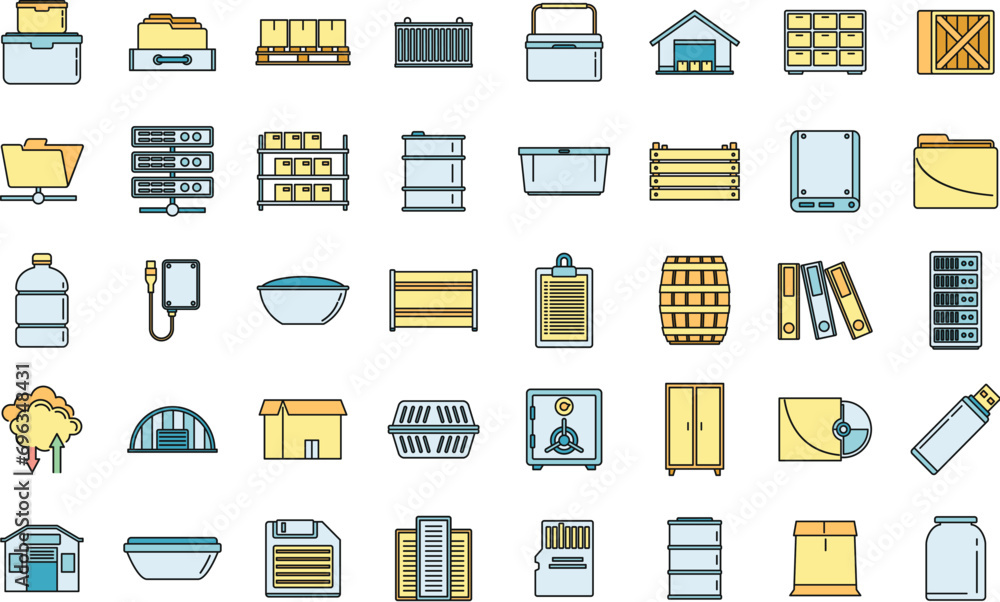 Poster storage box icons set. outline set of storage box vector icons thin line color flat on white