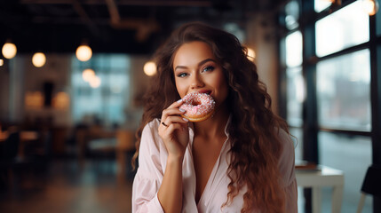 smily beautiful brunette woman in a white blouse eating donut in the cafe - obrazy, fototapety, plakaty