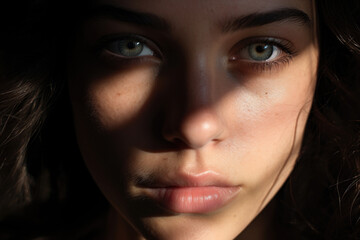 Extreme close up portrait of a beautiful woman with striking eyes and pouty lips interplay of light shadow pattern on the face.