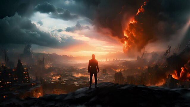 A silhouette of a person stands before a dramatic apocalyptic landscape with fiery explosions and dark clouds at sunset