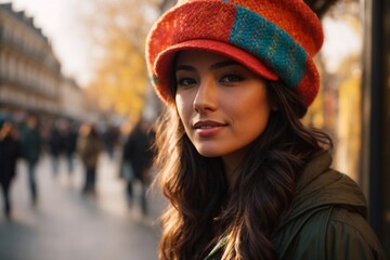 most beatiful  latin women in portrait shot with a colorful fine woven cap , enjoying the winter sun on her face, in the background is Paris