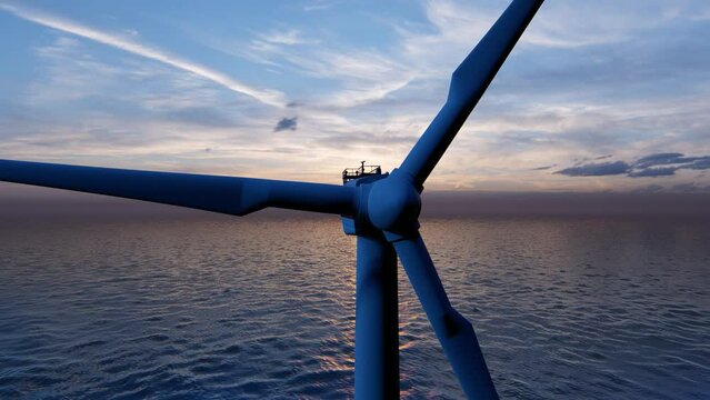 Offshore wind turbines farm on the ocean. Sustainable energy production, clean power. 4K ULTRA HD.	

