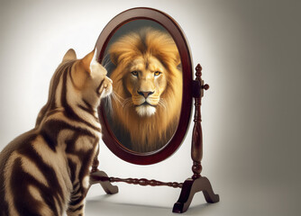 cat what sees herself in the mirror as a grown up lion with a mane, believe that anything is possible - obrazy, fototapety, plakaty
