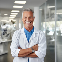 Fototapeta premium Genuine Compassion: Portrait of a Smiling Male Doctor in the Healing Spotlight
