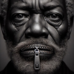 censorship, old african american man with zipper on the mouth - obrazy, fototapety, plakaty