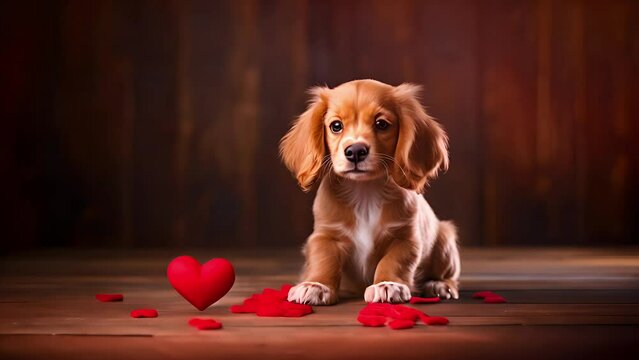 Adorable light-brown spaniel puppy lying next to small red hearts on a wooden floor, with a blurred background