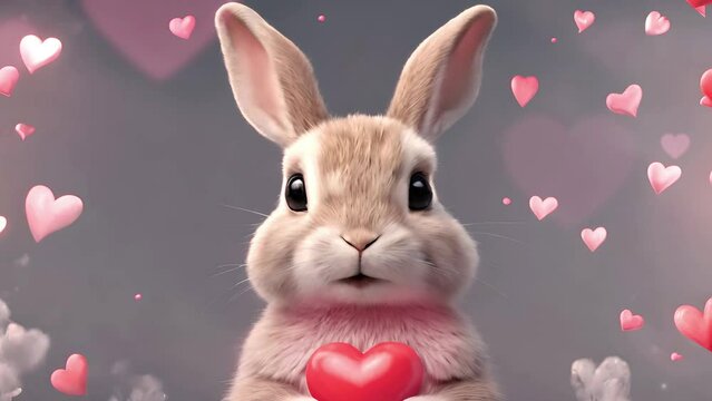 A cute animated bunny holding a heart with floating hearts in the background, conveying a theme of love and affection