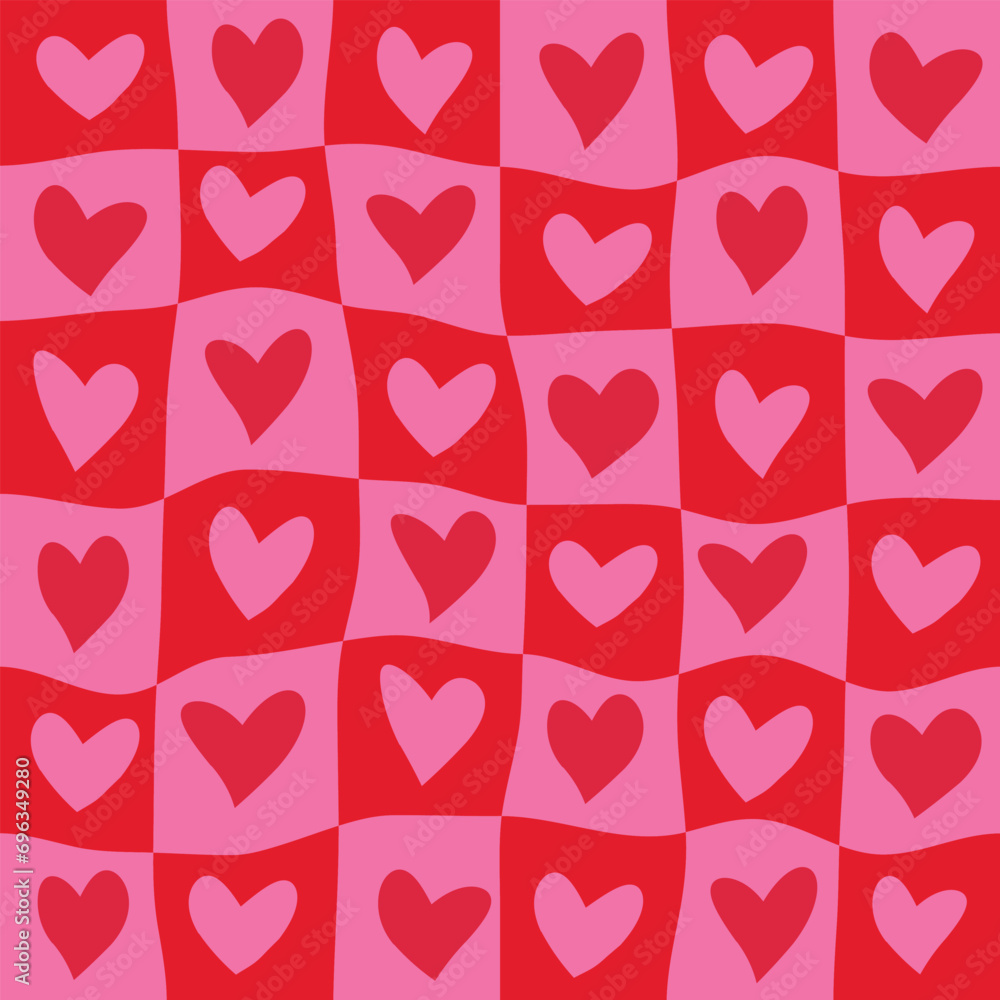 Wall mural checkered red and pink hearts on warped wavy checkerboards seamless pattern. for valentine backgroun