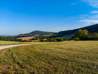 landscape of the hills and mountains with nice horizon. peaceful calm atmosphere of countryside
