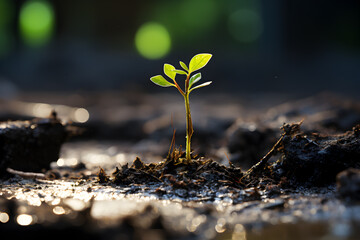 Green sprout breaking out of the ground. The concept of the victory of nature and the arrival of...