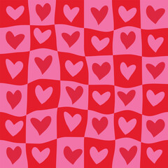Checkered red and pink hearts on warped wavy checkerboards seamless pattern.  For Valentine backgrounds, wrapping paper and textile.