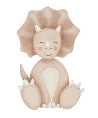 Dinosaur Triceratops Watercolor illustration. Hand drawn clip art of little pink Dino sitting on isolated background. Sketch of cute cartoon animal for Baby. Funny character for kids birthday cards. © Alisles