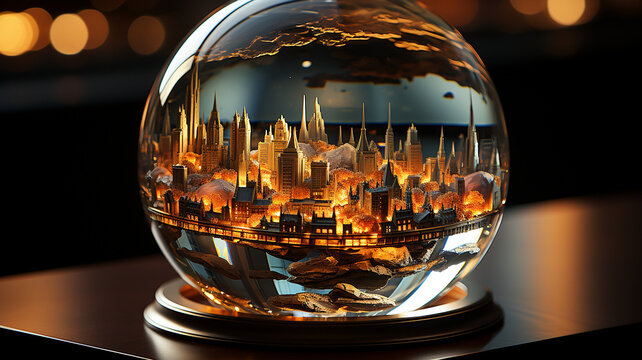 Crystal ball reflecting city skyline, sunset beauty, urban landscape art reflected in crystal, Generative AI