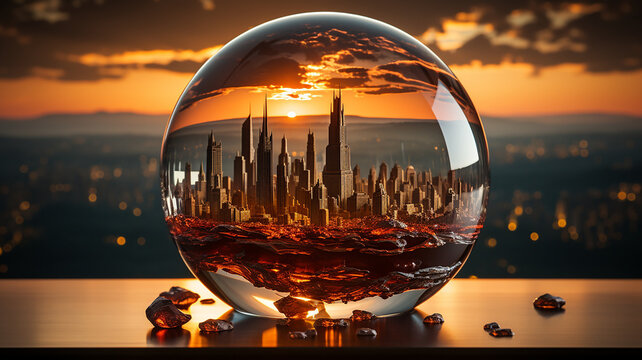 Crystal ball reflecting city skyline, sunset beauty, urban landscape art reflected in crystal, Generative AI