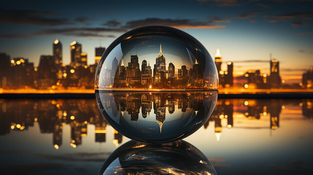 Crystal ball reflecting city skyline, sunset beauty, urban landscape art reflected in crystal, Generative AI