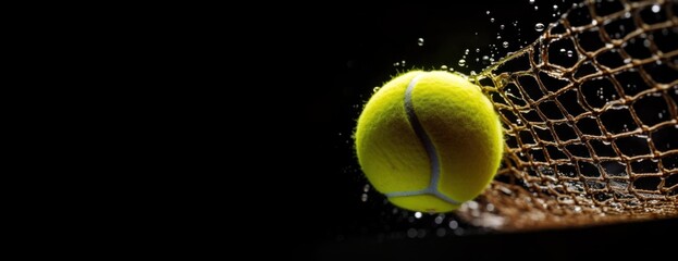 Tennis ball with water drops in motion flying fast near net over dark background. Concept of sport, game, match, championship, background and wallpaper. Banner, ads