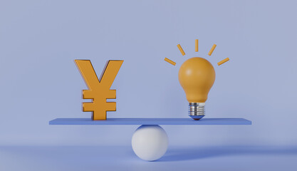 Yuan Sign and light bulb on scale seesaw balance on pastel color background