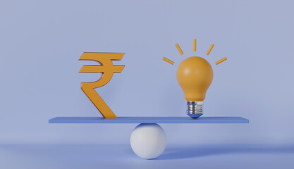 Rupee Sign and light bulb on scale seesaw balance on pastel color background