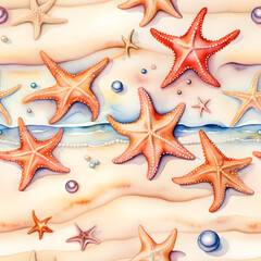Seamless background for interior design, wrapping paper and fabric print. Sea sand bottom with starfish and pearls. Raster illustration for the design of invitation and greeting cards.