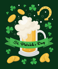 Happy St. Patrick's Day. Postcard design with beer, coins and shamrocks on a dark green background, Traditional Irish holiday template design.